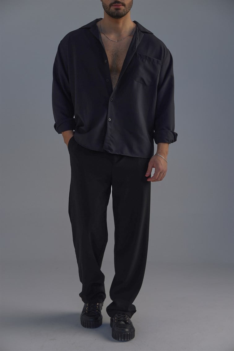 Cepli Oversize Basic Gömlek Siyah