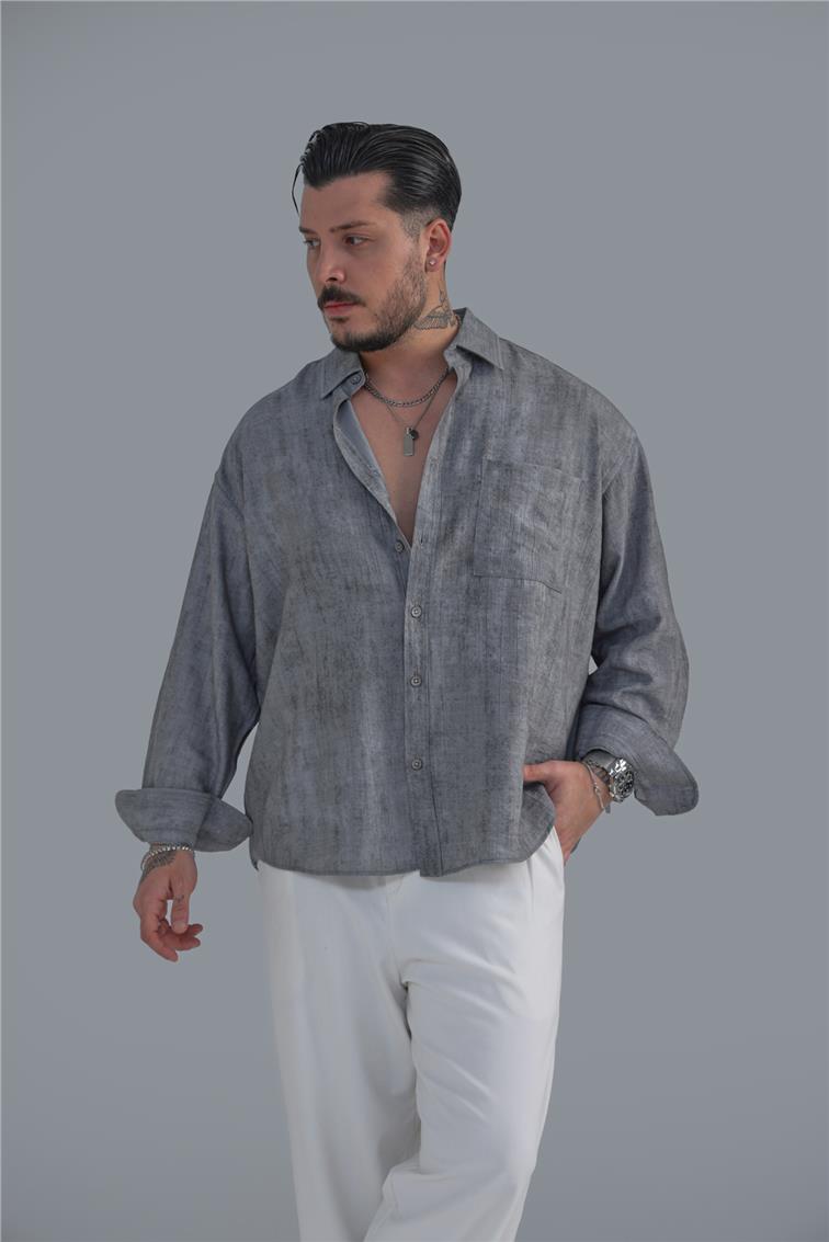 Cepli Oversize Gömlek Yıkamalı Gri