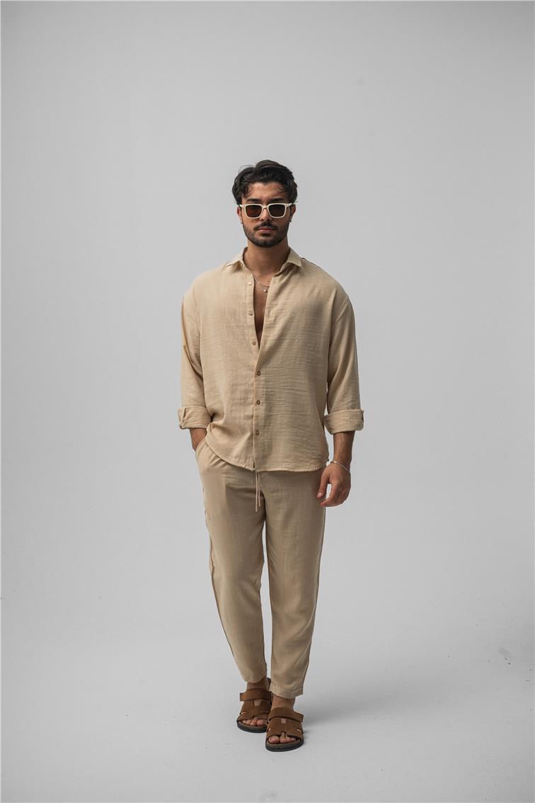 Cepsiz Keten Oversize Gömlek Vizon