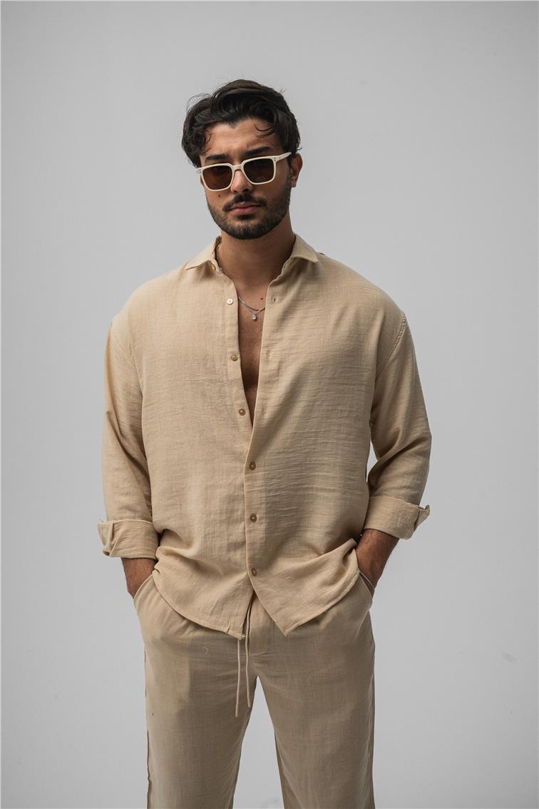 Cepsiz Keten Oversize Gömlek Vizon