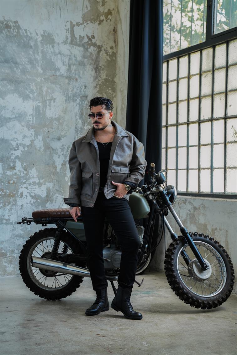 Çift Cepli Deri Oversize Ceket Haki