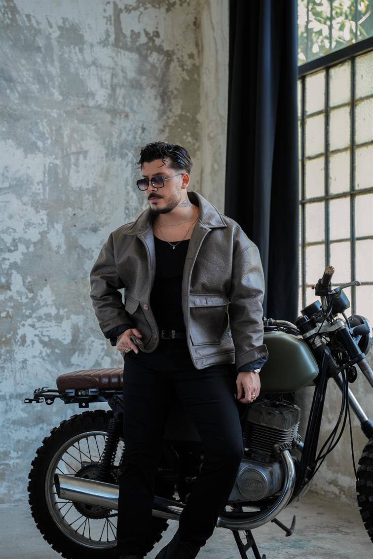 Çift Cepli Deri Oversize Ceket Haki