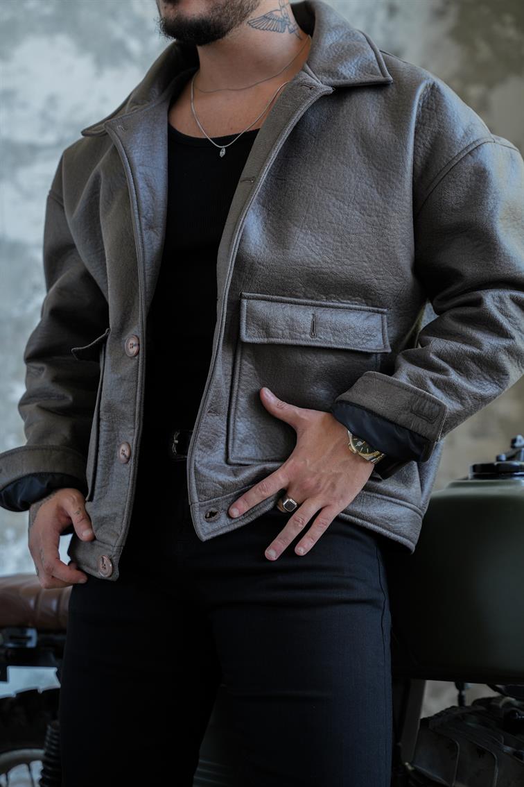 Çift Cepli Deri Oversize Ceket Haki