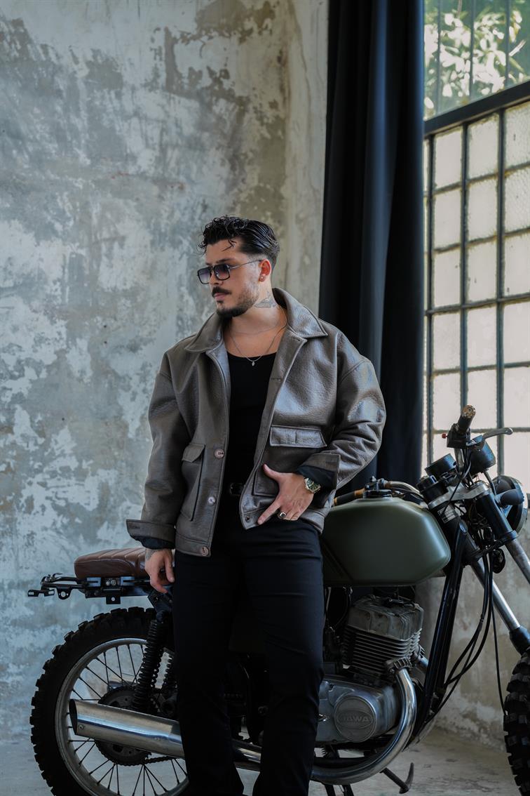 Çift Cepli Deri Oversize Ceket Haki