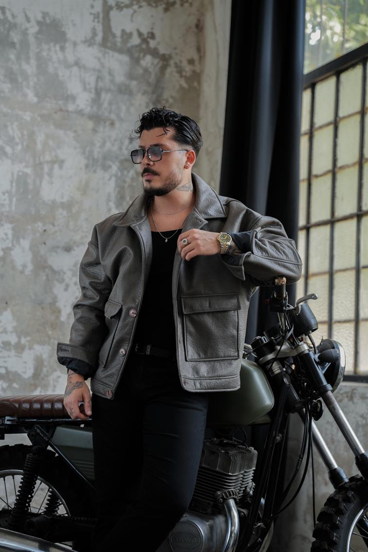 Çift Cepli Deri Oversize Ceket Haki