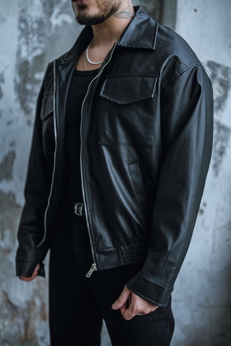 Çift Kapak Cepli Deri Ceket Siyah