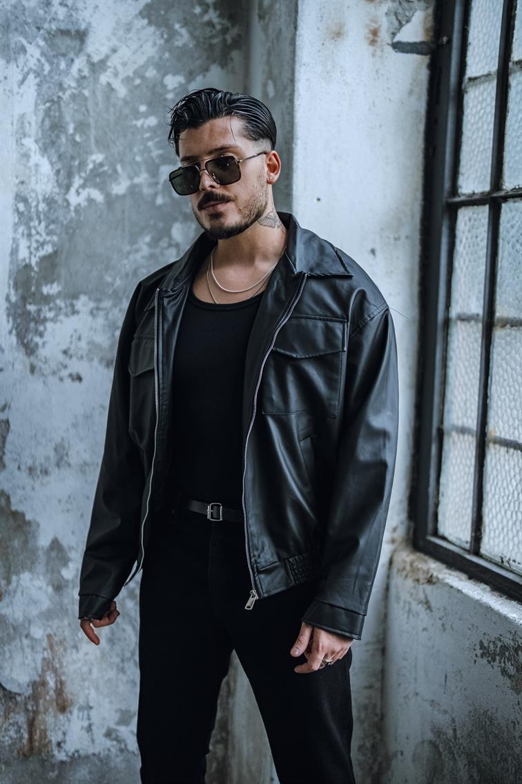 Çift Kapak Cepli Deri Ceket Siyah