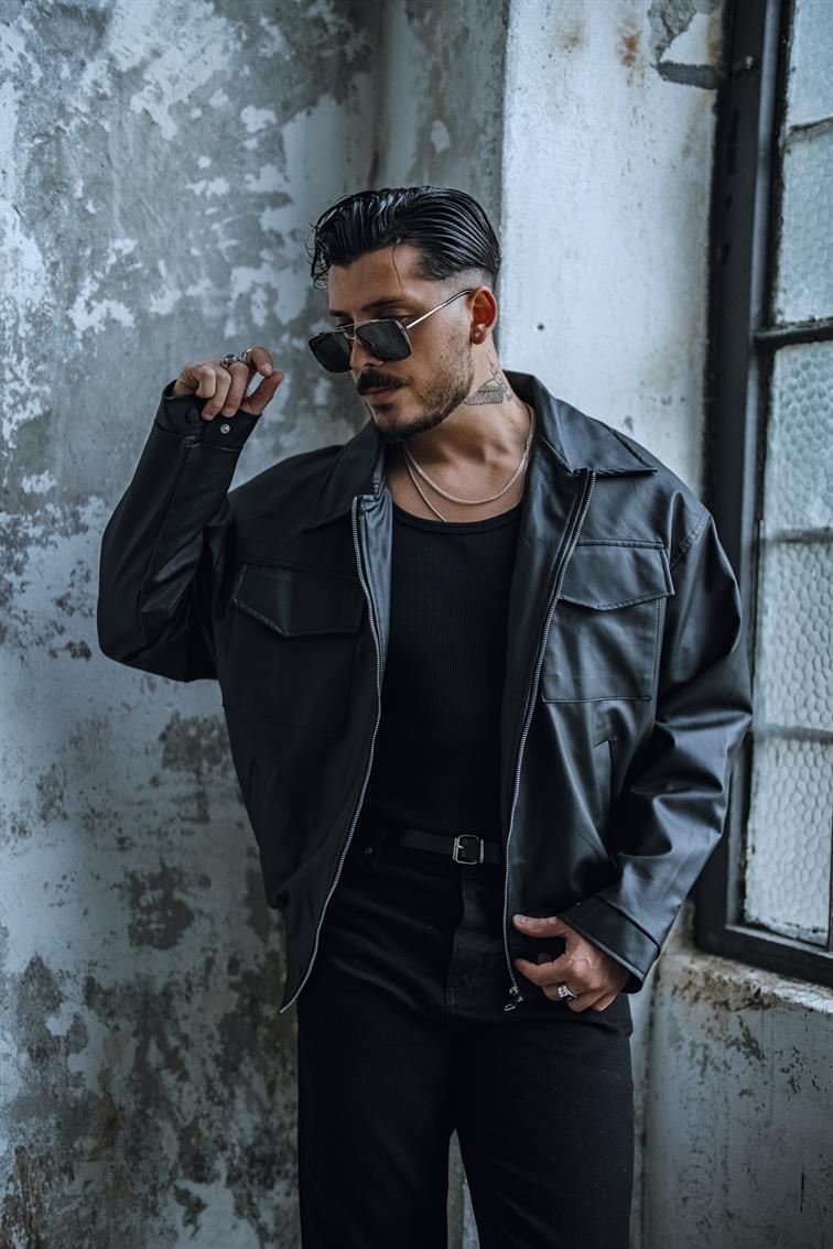 Çift Kapak Cepli Deri Ceket Siyah