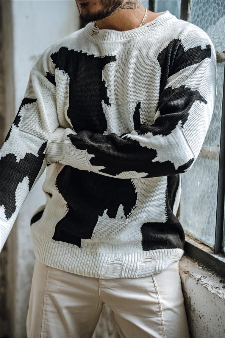 Çift Renk  Bol Dokulu Kazak Beyaz