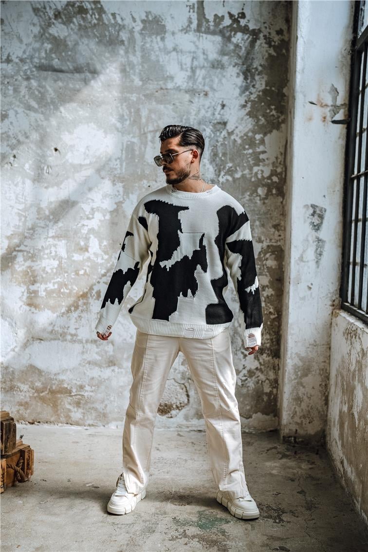 Çift Renk  Bol Dokulu Kazak Beyaz