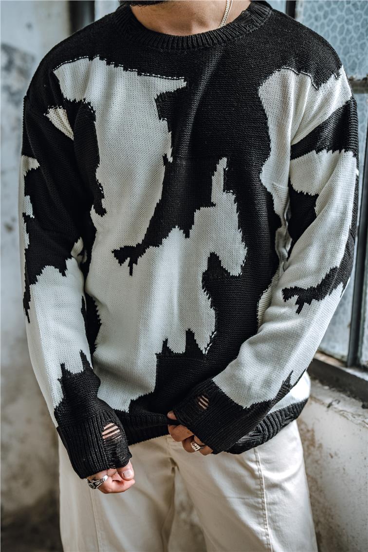 Çift Renk  Bol Dokulu Kazak Siyah