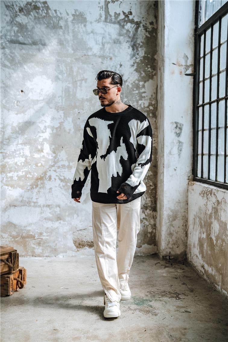 Çift Renk  Bol Dokulu Kazak Siyah