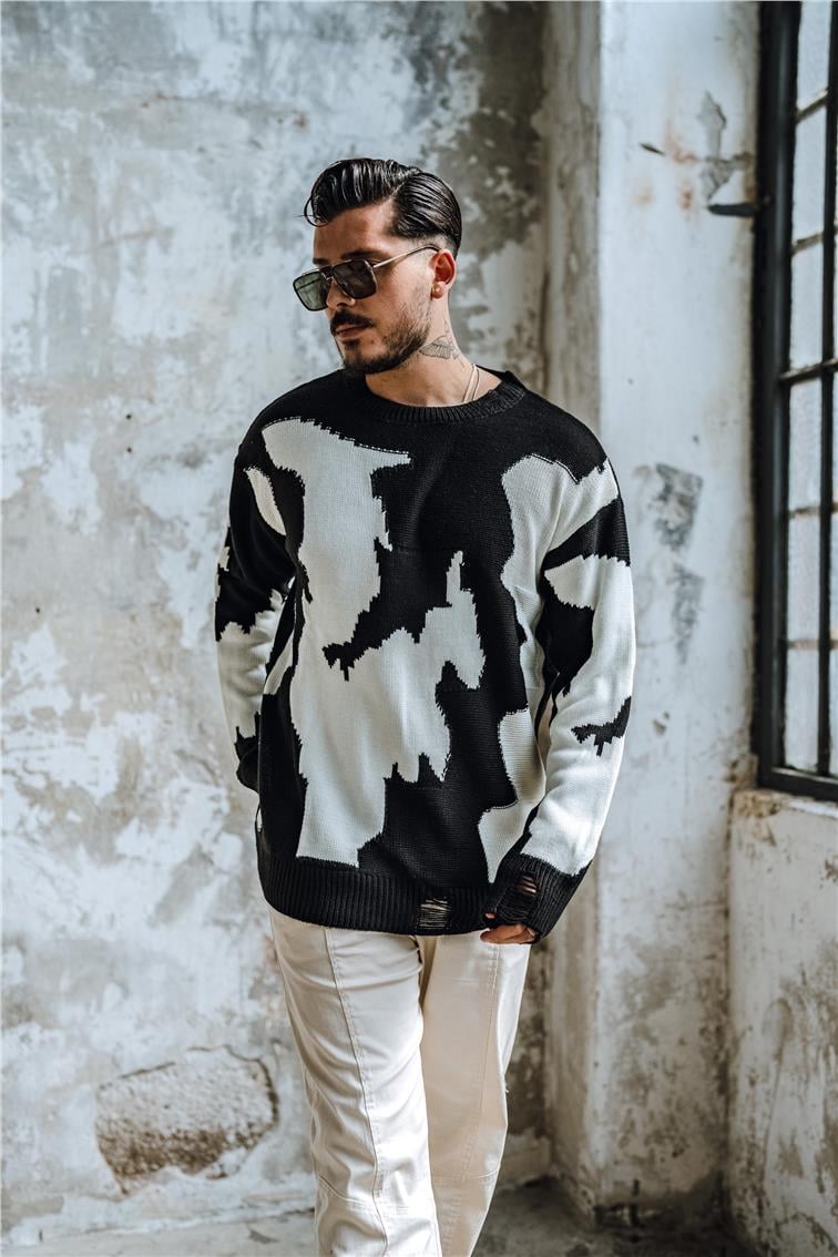 Çift Renk  Bol Dokulu Kazak Siyah