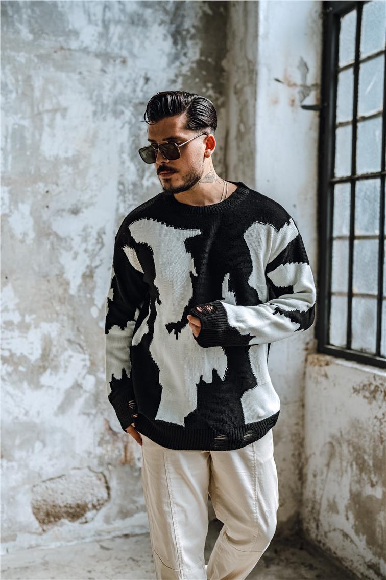 Çift Renk  Bol Dokulu Kazak Siyah