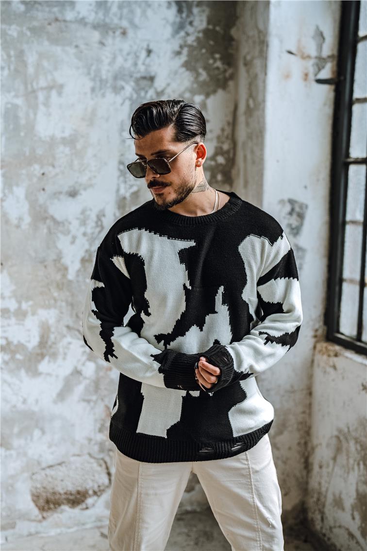 Çift Renk  Bol Dokulu Kazak Siyah