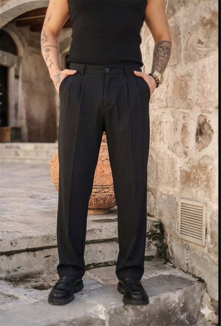 Çizgili Baggy Klasik Pantolon Siyah
