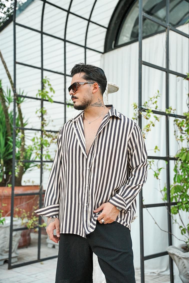 Çizgili Dokulu Oversize Gömlek Kahve