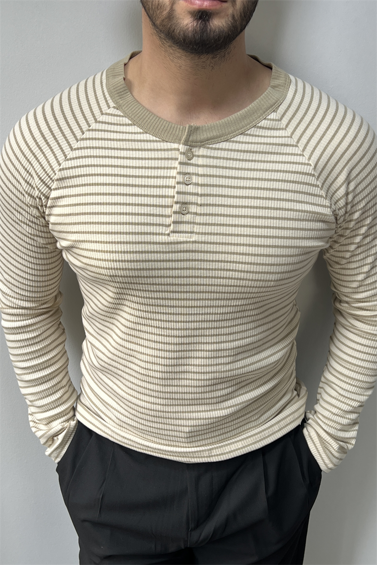 Çizgili Hakim Yaka Kazak Krem