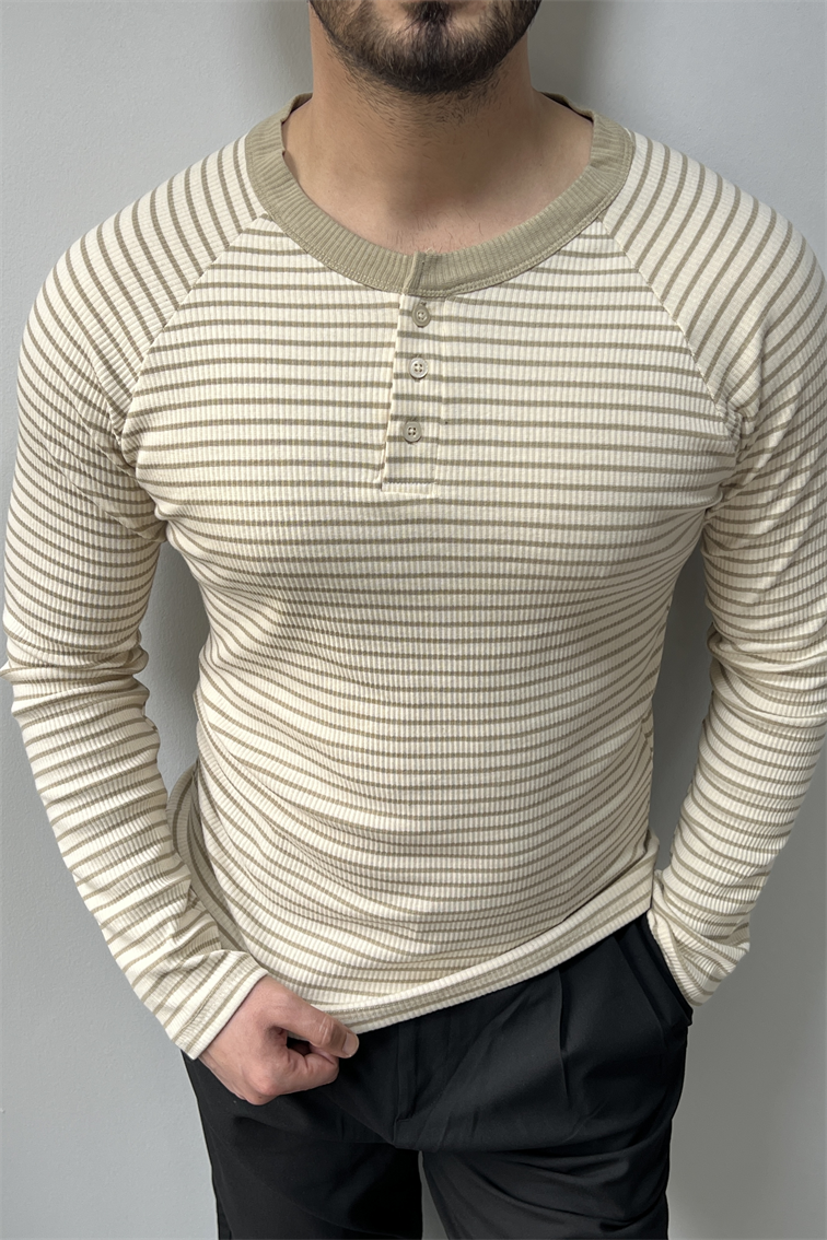 Çizgili Hakim Yaka Kazak Krem