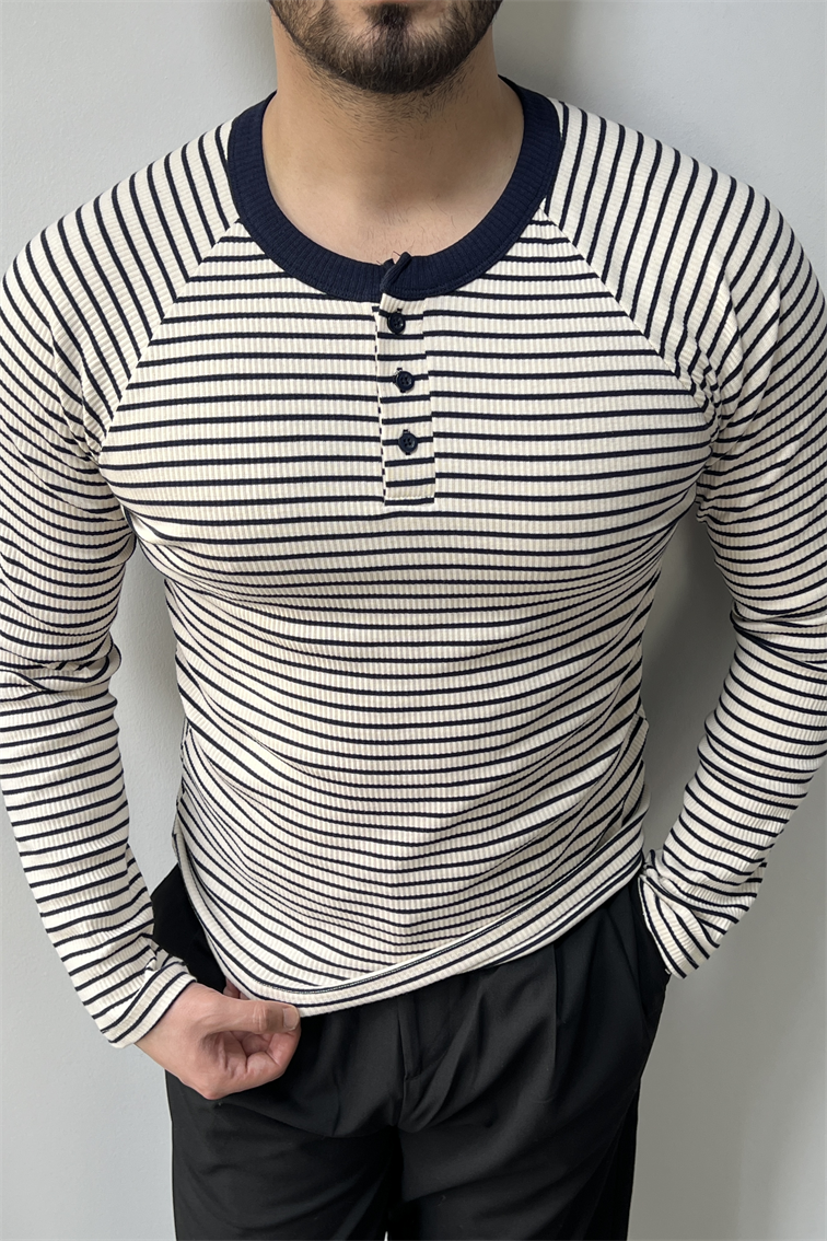 Çizgili Hakim Yaka Kazak Lacivert