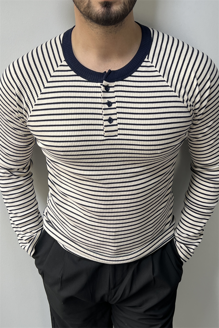 Çizgili Hakim Yaka Kazak Lacivert