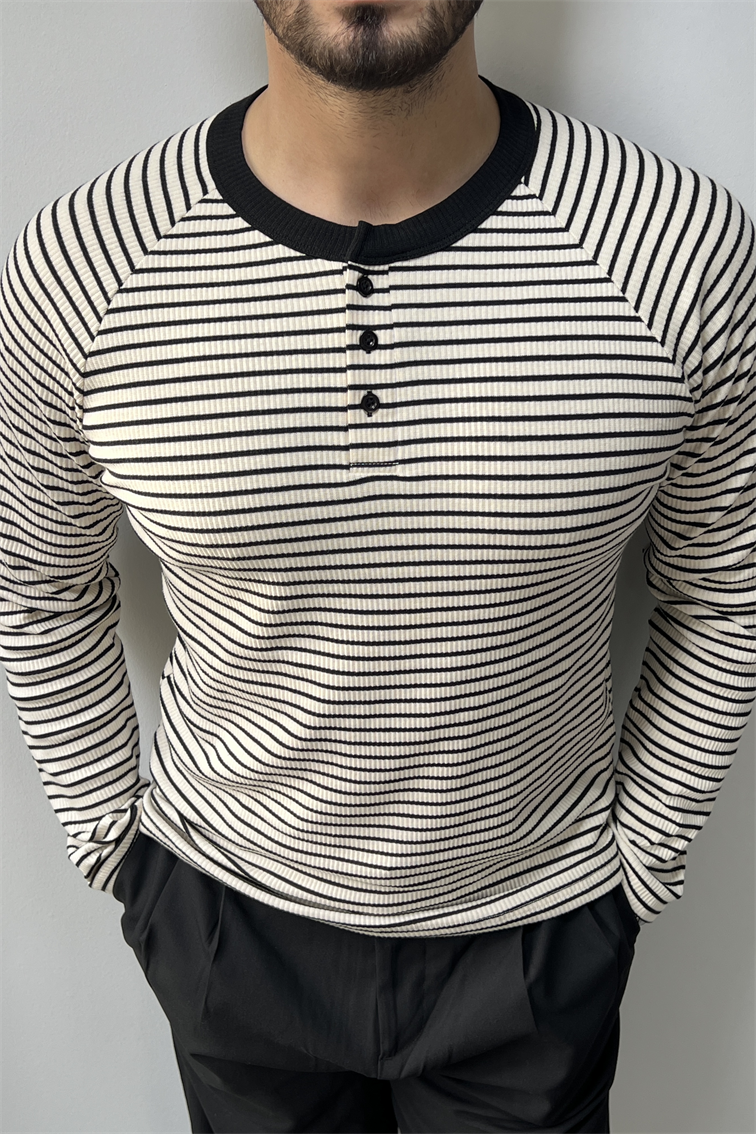 Çizgili Hakim Yaka Kazak Siyah