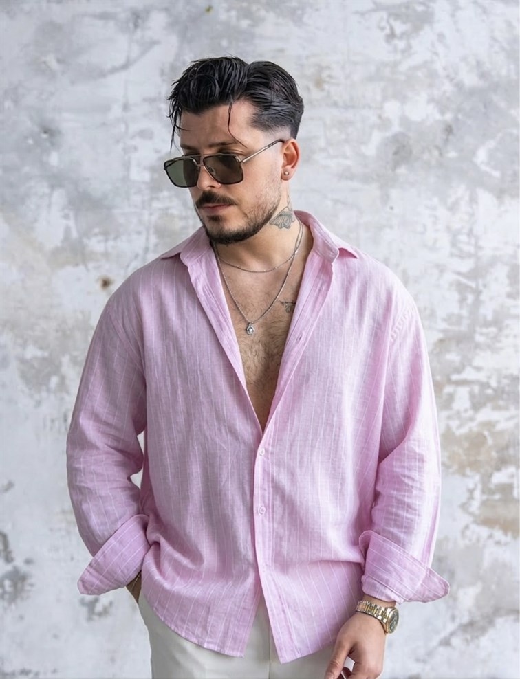 Çizgili Keten Bol Gömlek Pembe