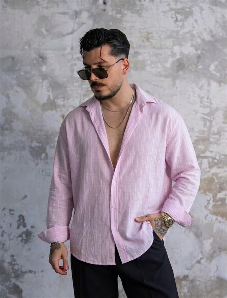 Çizgili Keten Bol Gömlek Pembe