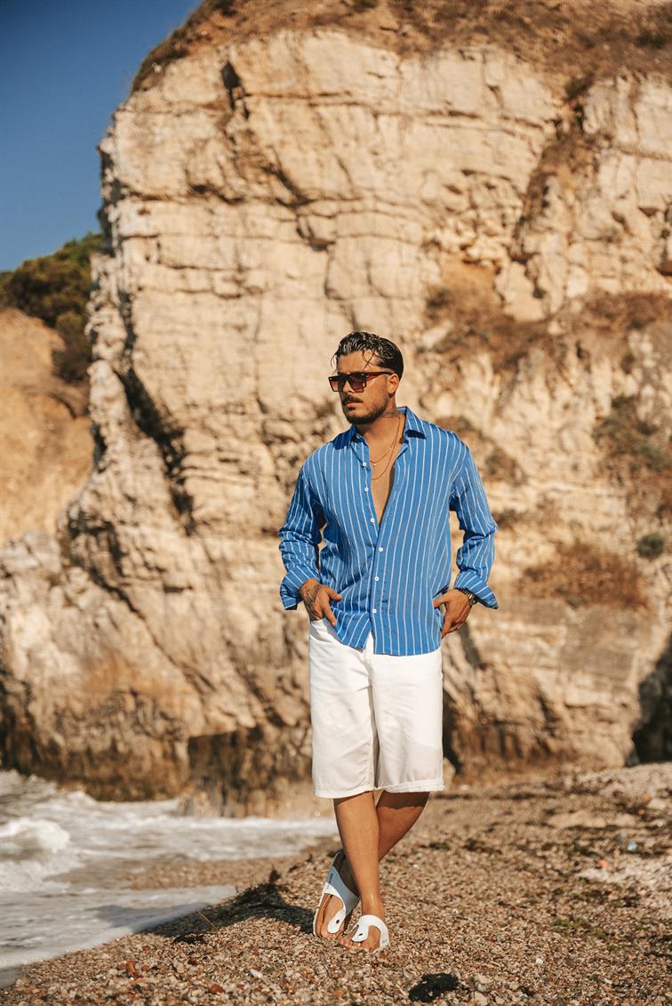 Çizgili Modal Oversize Gömlek Açık Mavi