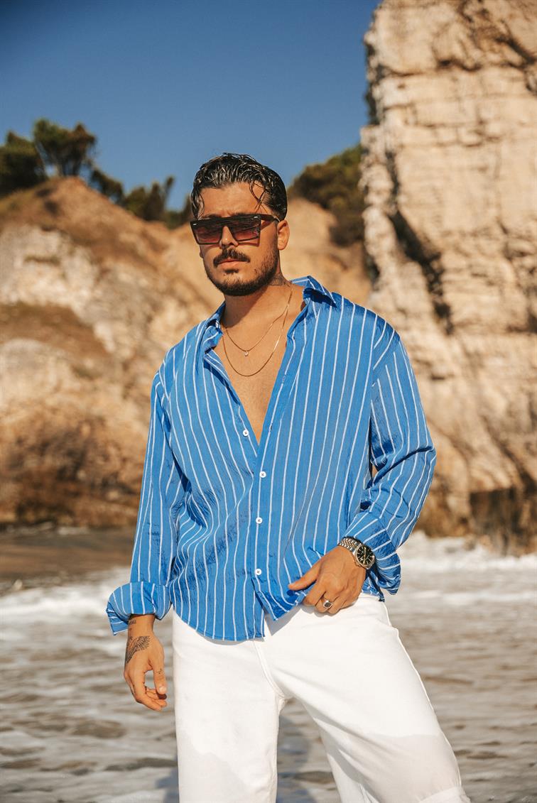 Çizgili Modal Oversize Gömlek Açık Mavi