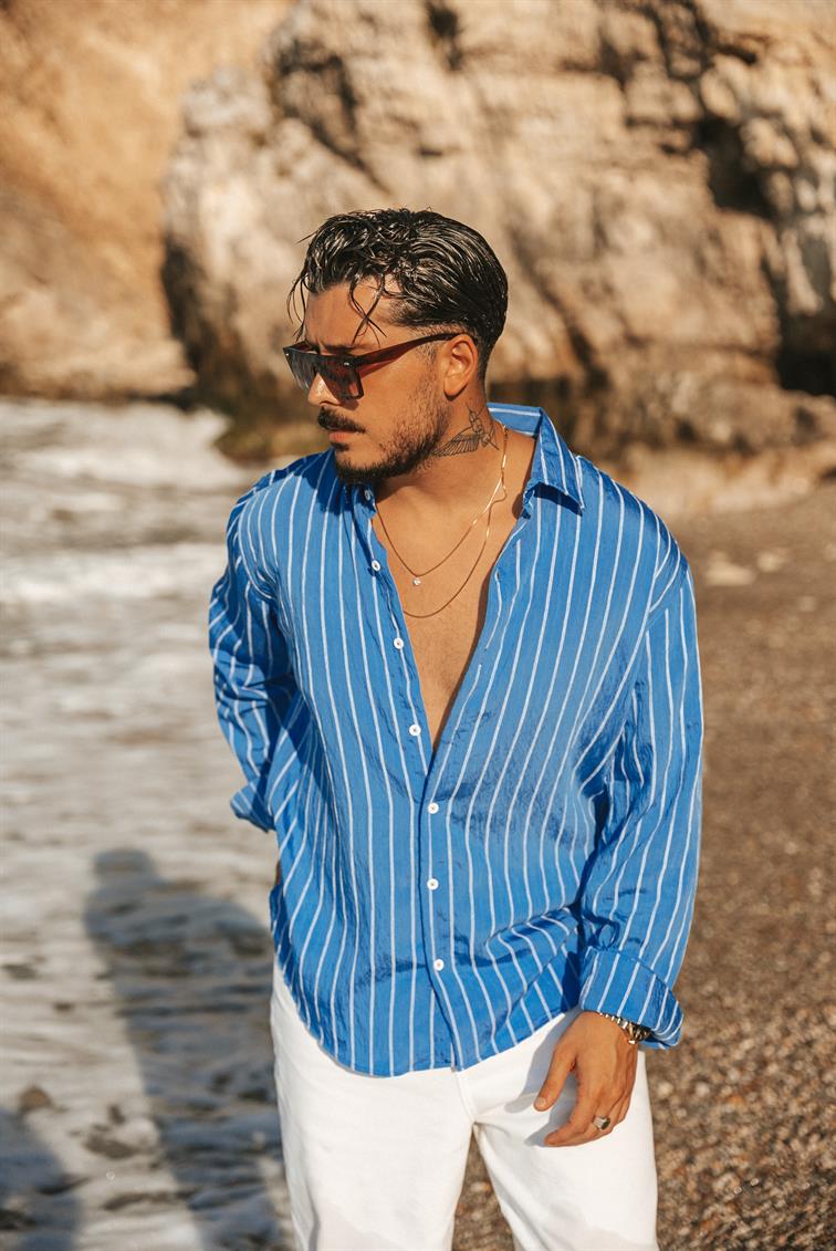Çizgili Modal Oversize Gömlek Açık Mavi