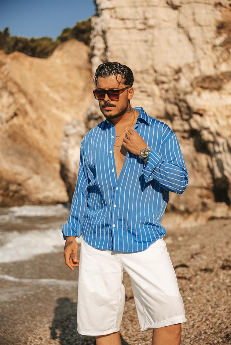 Çizgili Modal Oversize Gömlek Açık Mavi