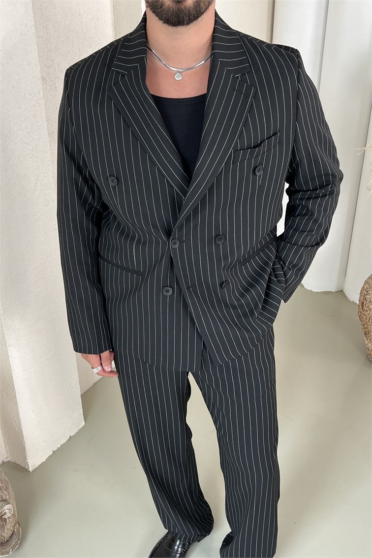 Çizgili Oversize Takım Elbise Siyah