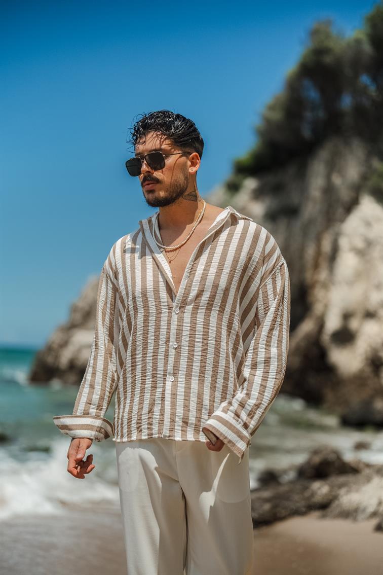 Çizgisi  Kalın Detaylı Oversize Gömlek Kahve