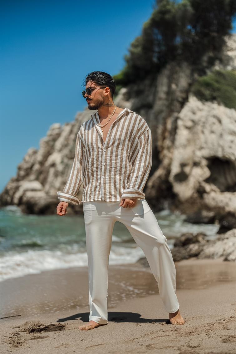 Çizgisi  Kalın Detaylı Oversize Gömlek Kahve