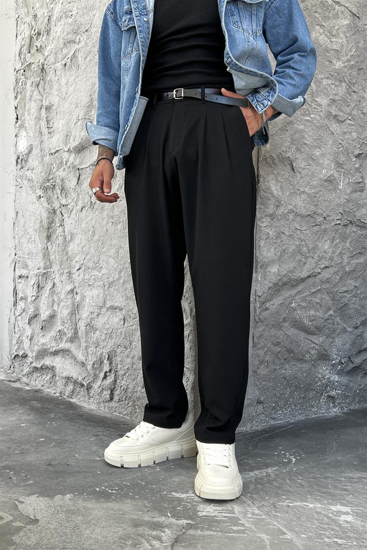 Classic Wide Pleated Baggy Pantolon Siyah