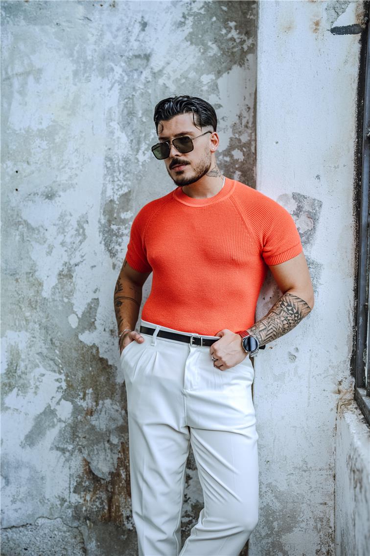 Dar Kalıp Orgülü Triko T-Shirt Turuncu