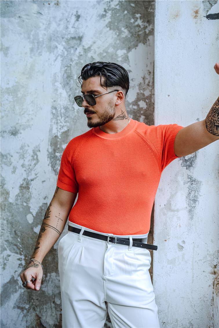 Dar Kalıp Orgülü Triko T-Shirt Turuncu