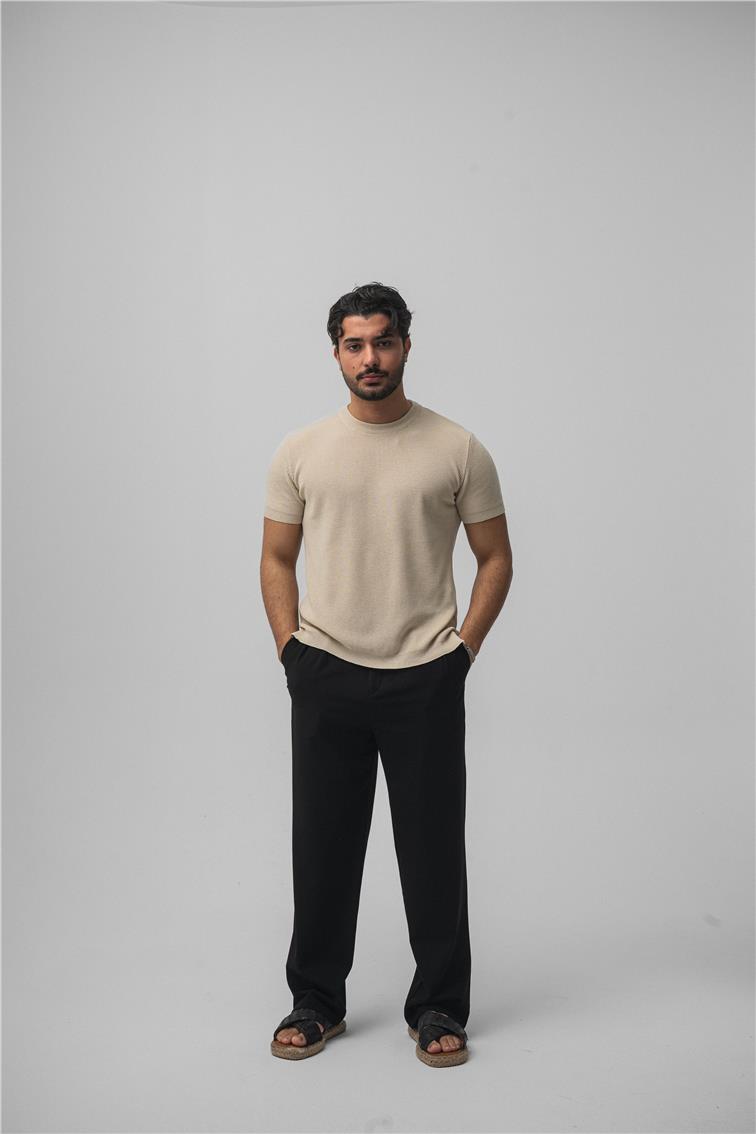 Dar Kalıp Örme T-Shirt Krem
