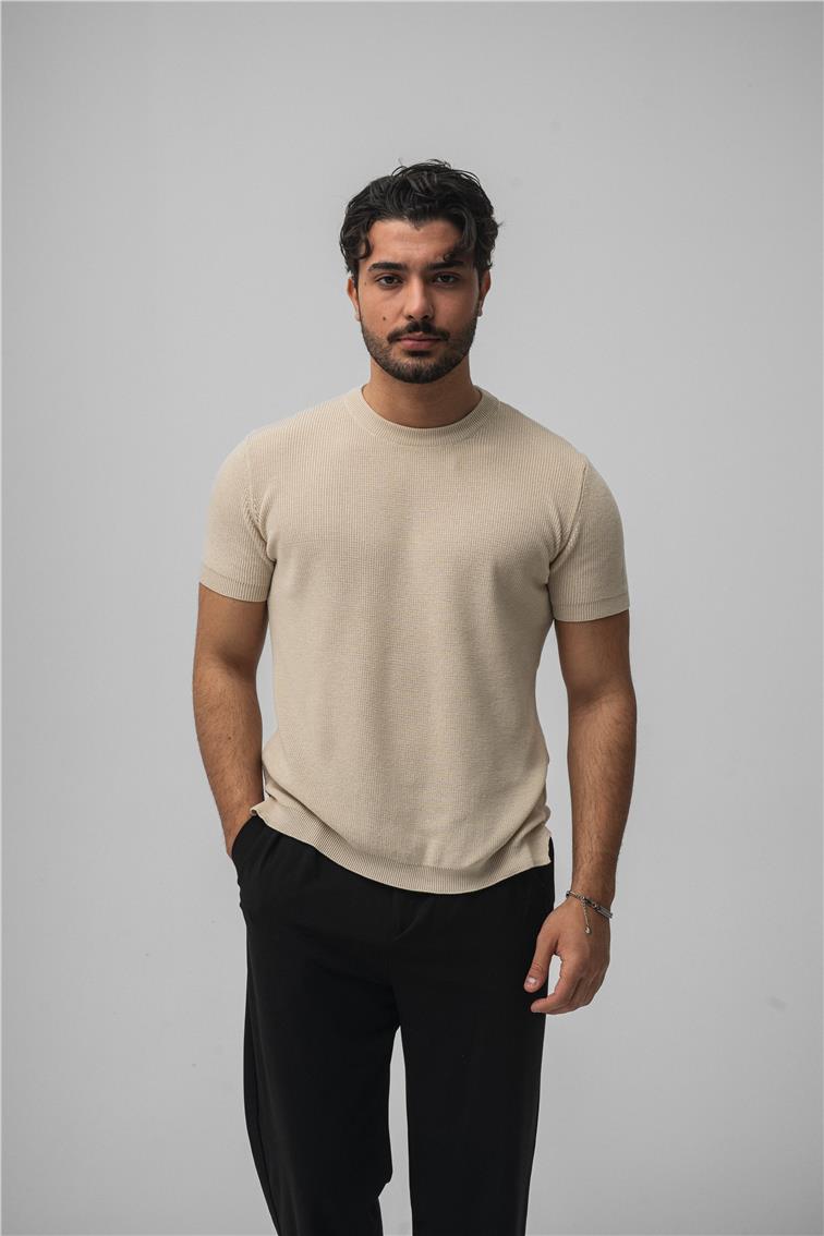 Dar Kalıp Örme T-Shirt Krem