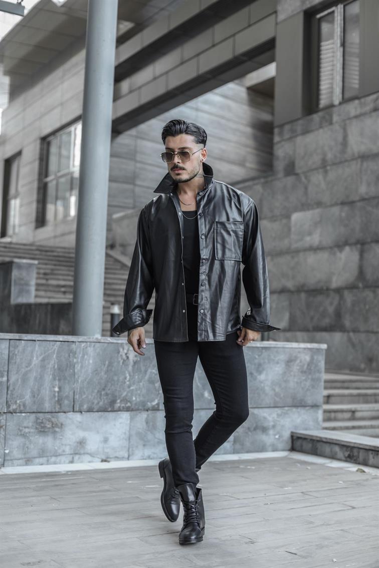 Deri Oversize Gömlek Siyah