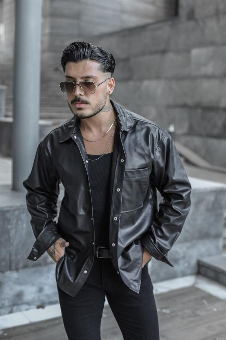 Deri Oversize Gömlek Siyah