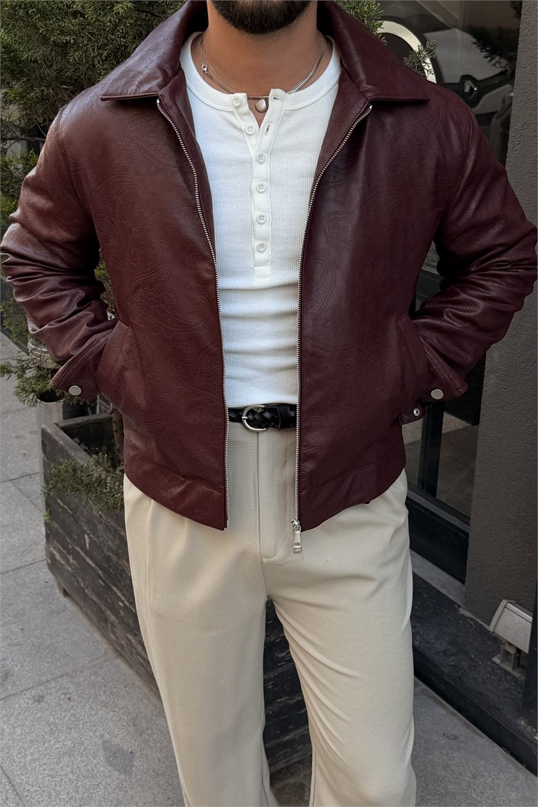 Desenli Box Fit Vintage Deri Ceket Bordo