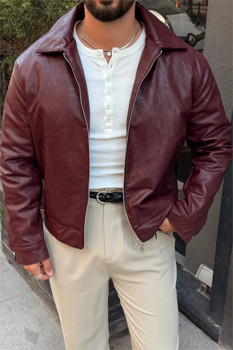 Desenli Box Fit Vintage Deri Ceket Bordo