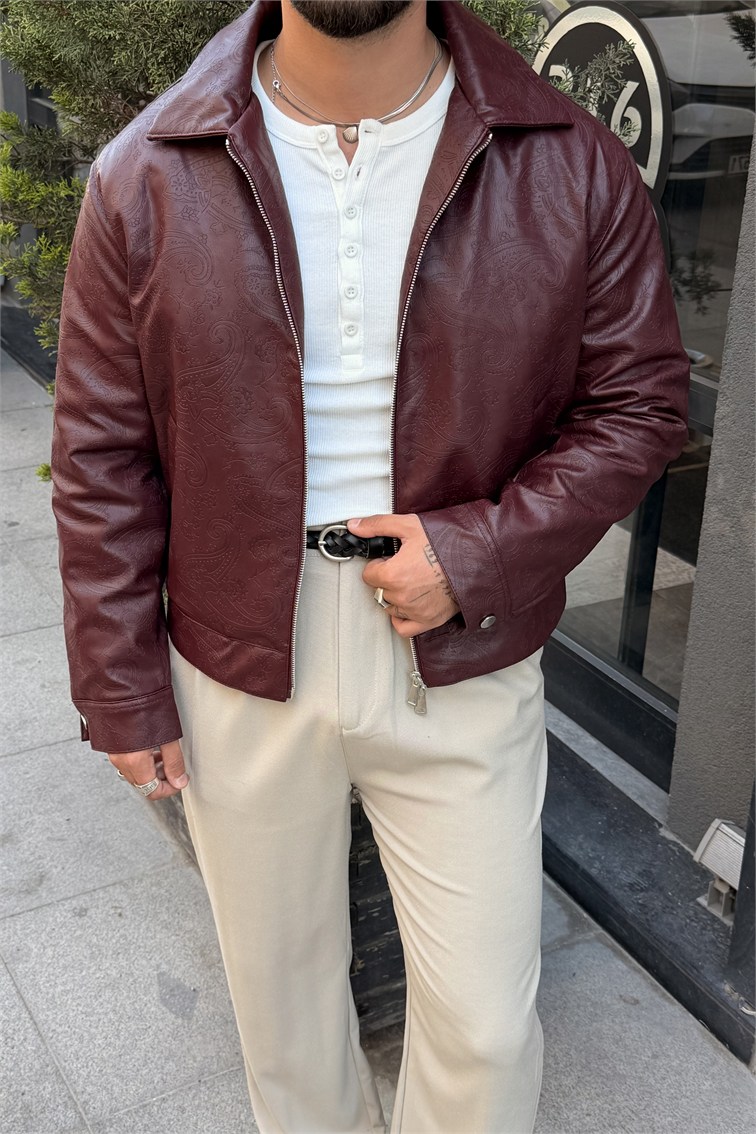 Desenli Box Fit Vintage Deri Ceket Bordo