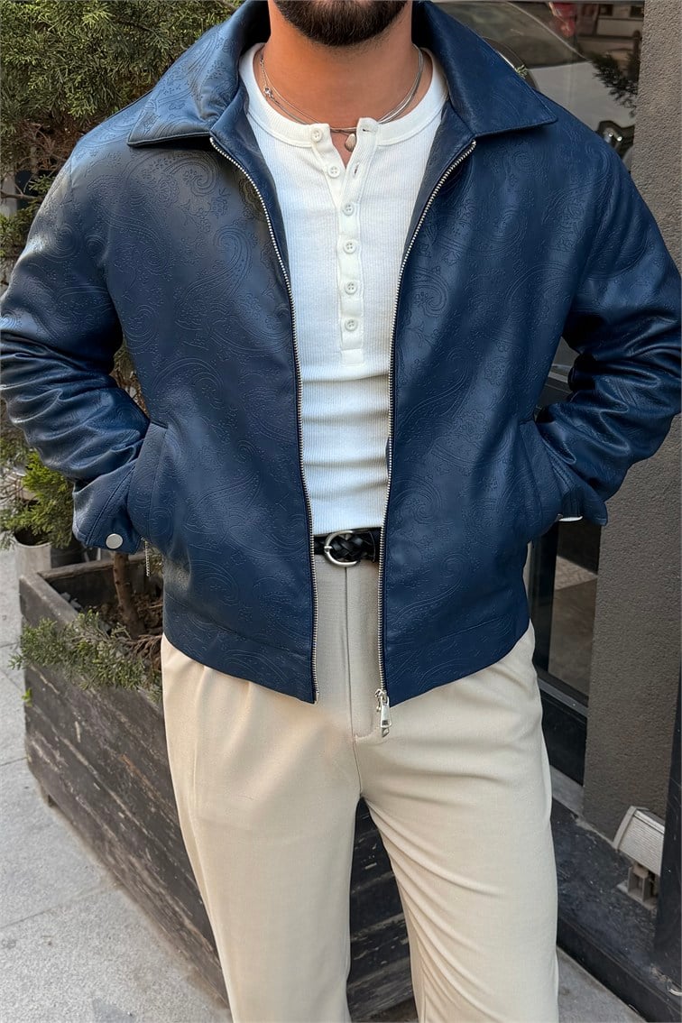 Desenli Box Fit Vintage Deri Ceket Lacivert
