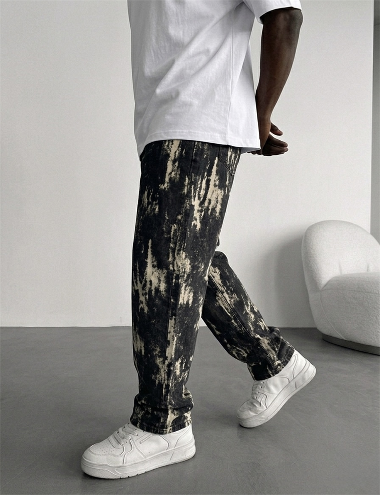 Desenli Eskitme Baggy Jean Siyah