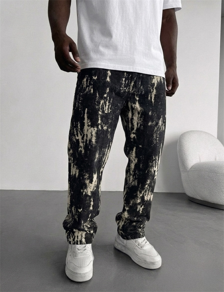 Desenli Eskitme Baggy Jean Siyah