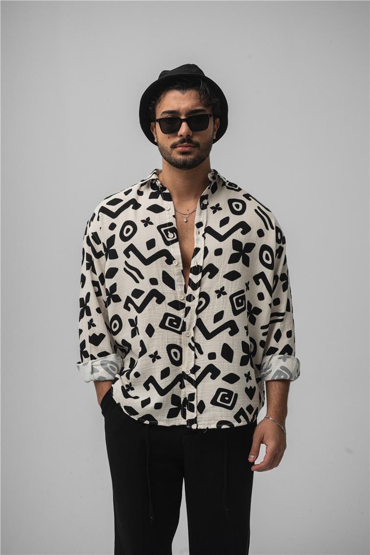 Desenli Müslin Oversize Gömlek Bej