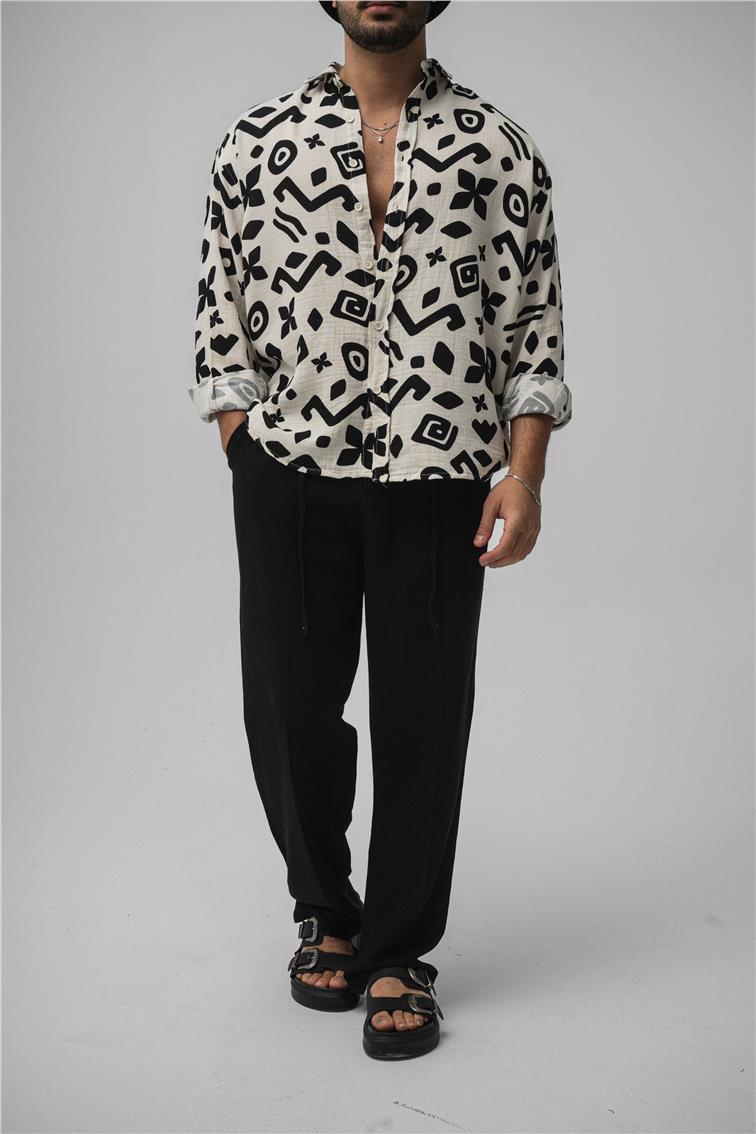 Desenli Müslin Oversize Gömlek Bej